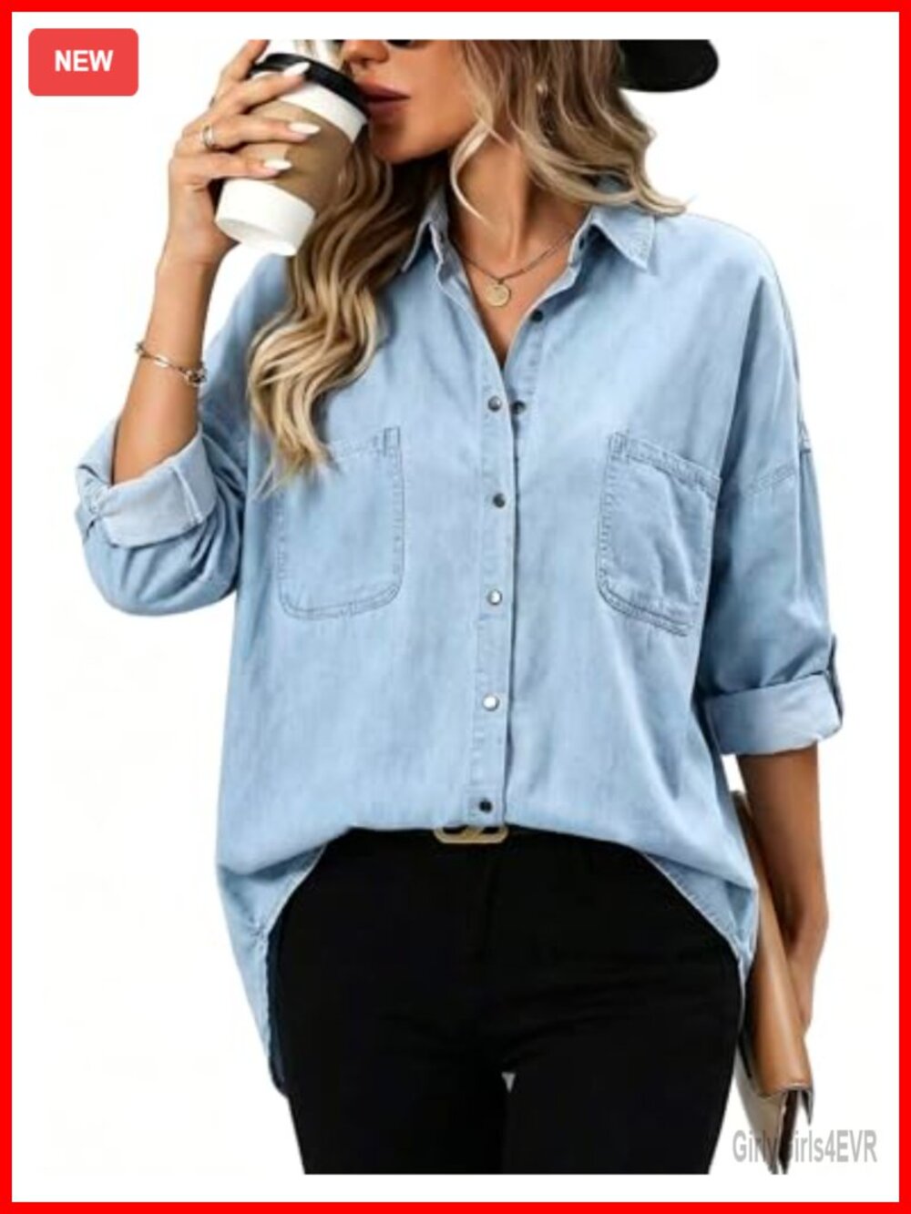 Women's Plus Size Snap Button Denim Shirt Jacket Long Sleeve